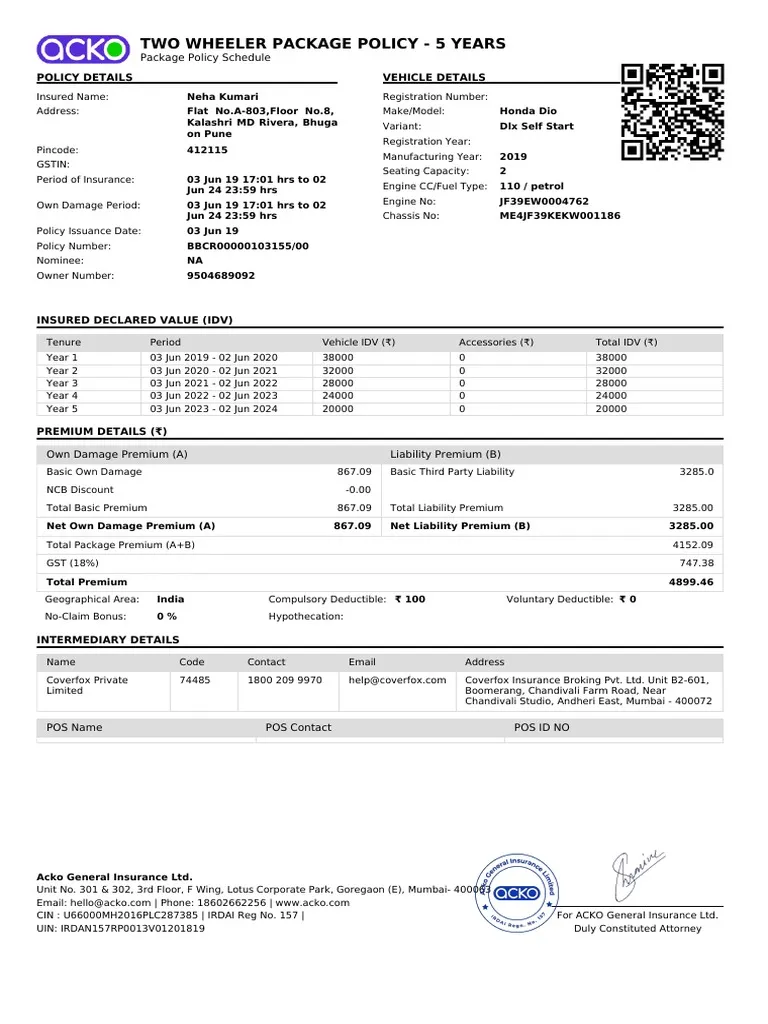 Screenshot of ACKO vehicle insurance policy document generated by customer, showing policy details, coverage information, and digital confirmation of successful issuance