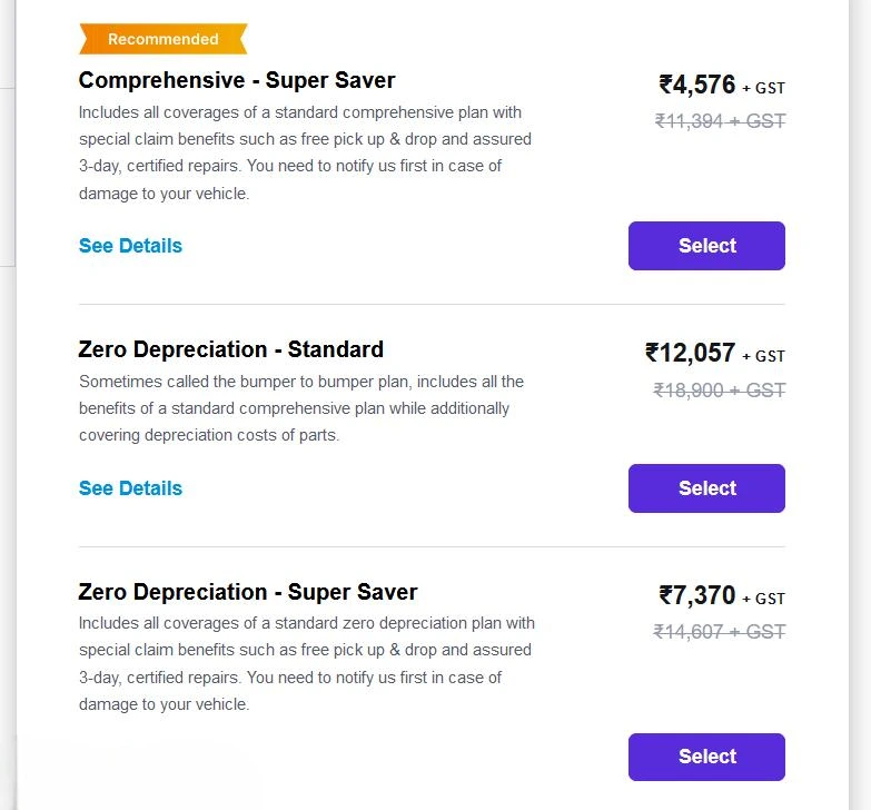 ACKO car insurance plan comparison showing prices and benefits for Comprehensive Super Saver, Zero Depreciation Standard, and Zero Depreciation Super Saver policies