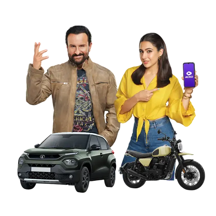 Saif Ali Khan and Sara Ali Khan are promoting ACKO insurance with a Tata Punch car and a retro motorcycle, showcasing easy ways to buy vehicle insurance online via ACKO