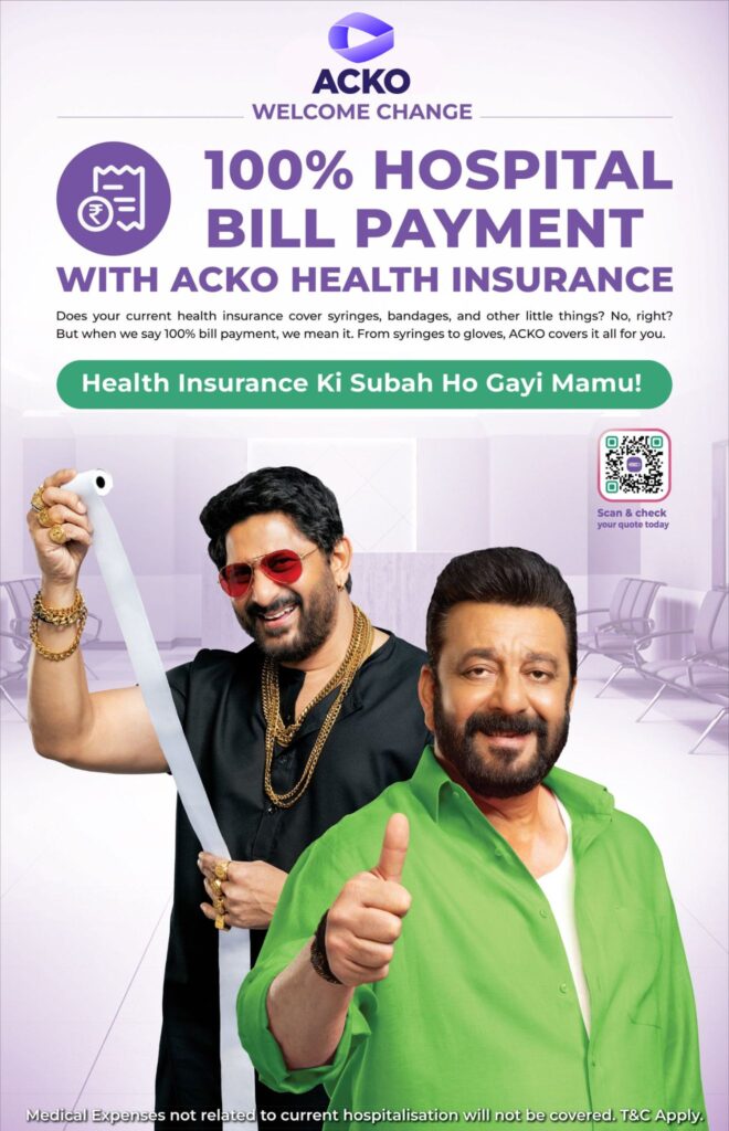 Bollywood celebrities promoting Acko’s health insurance plans with 100% hospital bill payment in a fun, engaging campaign poster